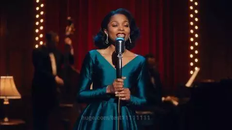 Singer in teal dress on jazz stage, chest unnaturally inflates to gigantic size while singing into vintage microphone.
