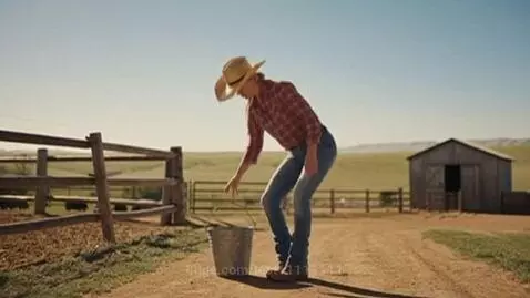 Cowgirl on a ranch with a plaid shirt and cowboy hat, her chest suddenly inflates to a gigantic size.
