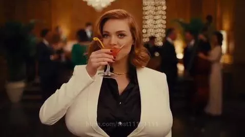 Woman in white blazer at a party sips a cocktail, her chest dramatically expands, then she smiles.