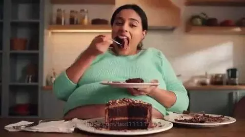 Woman with an expanding belly happily eating a large, multi-tiered chocolate cake.