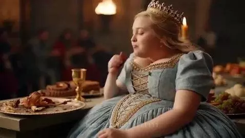 A woman dressed as a princess at a medieval feast, smiling and eating large amounts of food, appearing significantly larger.