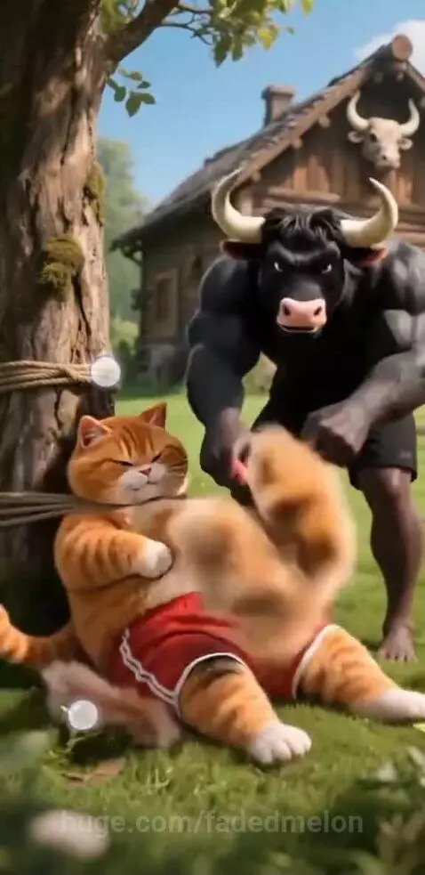 A cartoon cat with a bomb near a sleeping bull, leading to a chaotic chase and transformations.