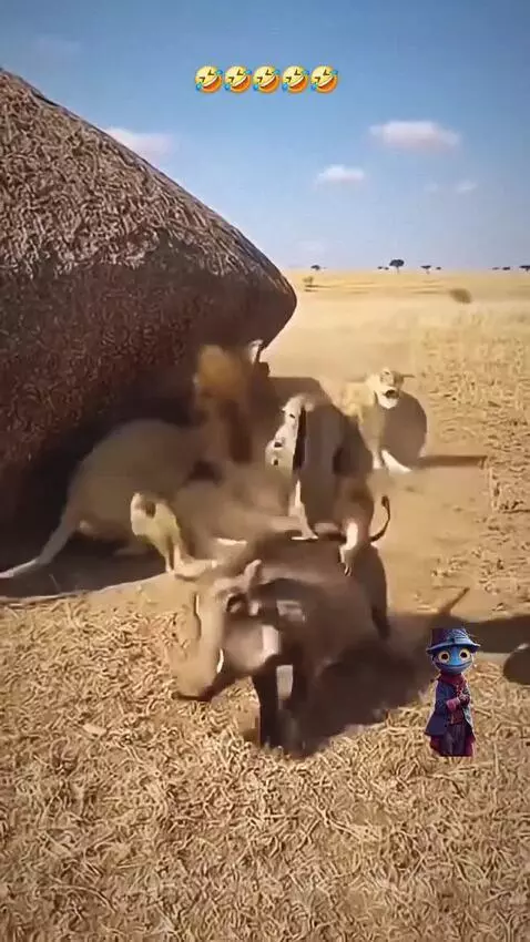 Lions attacking a warthog in a dry savanna with a clear blue sky.