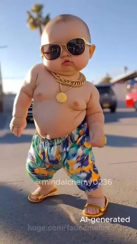 Baby wearing sunglasses, gold chain, and colorful shorts dancing outdoors with a palm tree in the background.