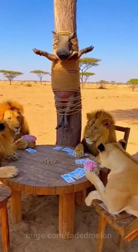 Three lions sitting at a table playing cards, with a warthog tied to a tree in the background.