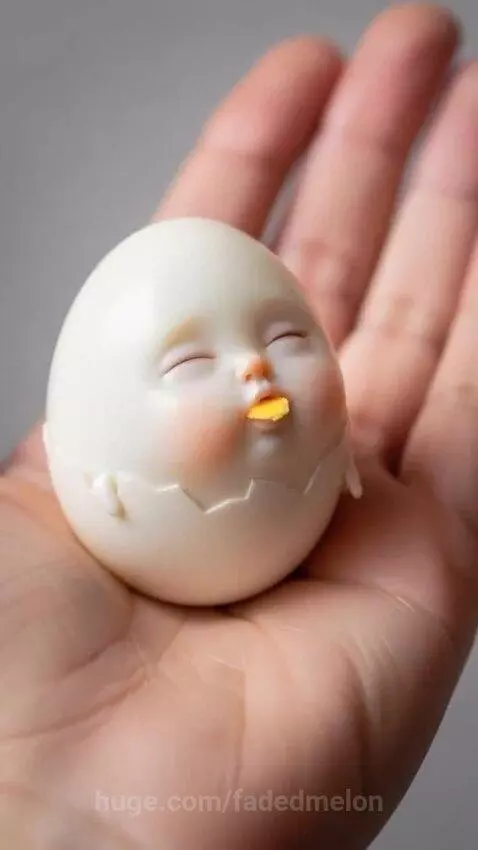 A boiled egg with a drawn face, rosy cheeks, and large eyes, being fed a piece of yolk.