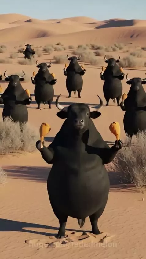 Animated obese black bull with horns holding chicken drumsticks in a desert landscape.