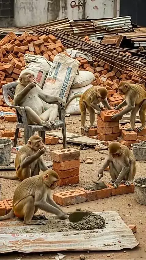 Monkeys working on a construction site, laying bricks and using tools, with one monkey sitting in a chair.