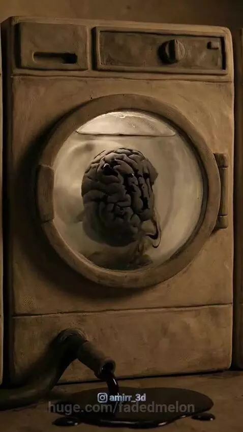 Claymation elderly man washing a dirty brain in a washing machine, symbolizing mental cleansing.