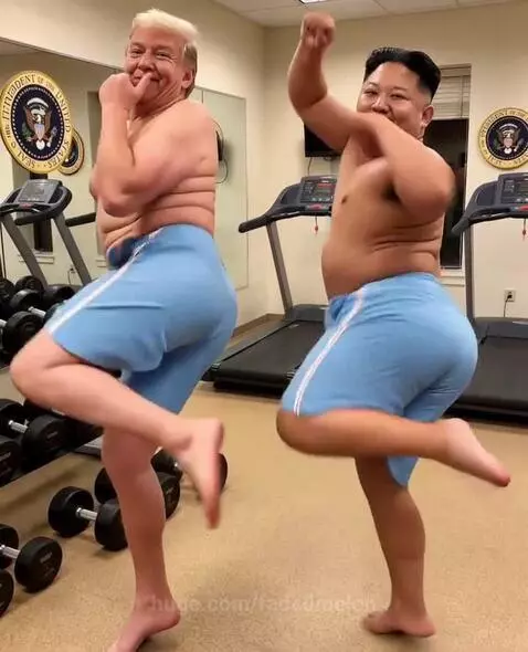 Lookalikes of Donald Trump and Kim Jong Un dancing shirtless in a gym with dumbbells and treadmills.