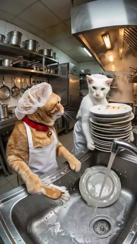 Two cats in chef hats in a kitchen, one cat throws a plate causing a stack to fall.