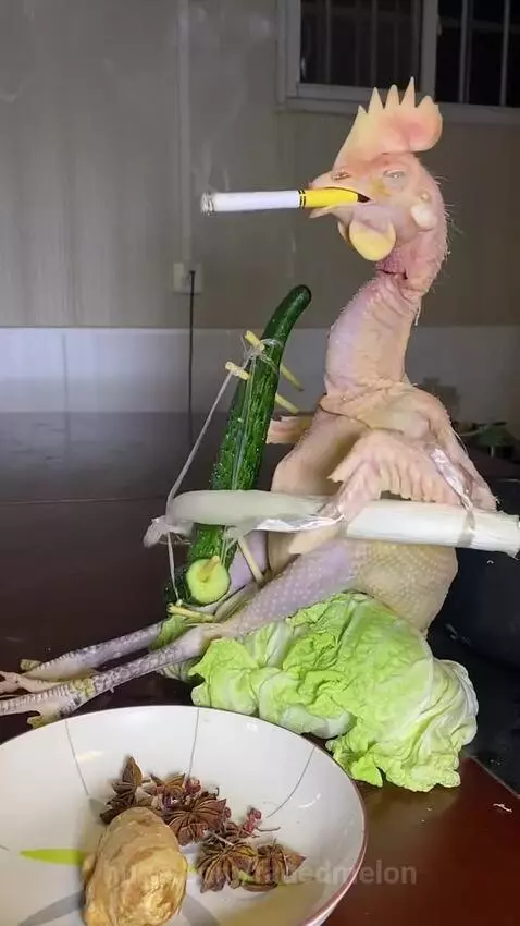 A raw chicken seated at a table, playing a cucumber and leek instrument with a lit cigarette in its beak.