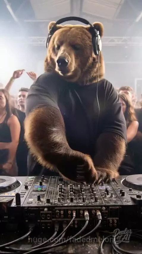 Brown bear wearing headphones and a t-shirt, DJing with paws on turntables at a concert with a dancing crowd.