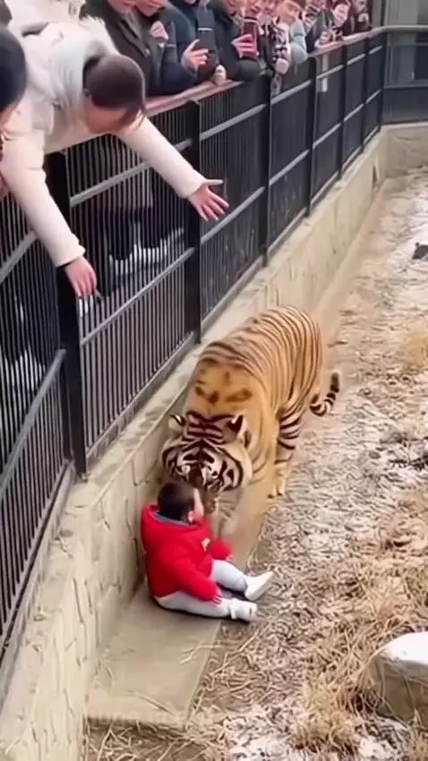 Tiger in a zoo enclosure nudging a small child towards a safety barrier.
