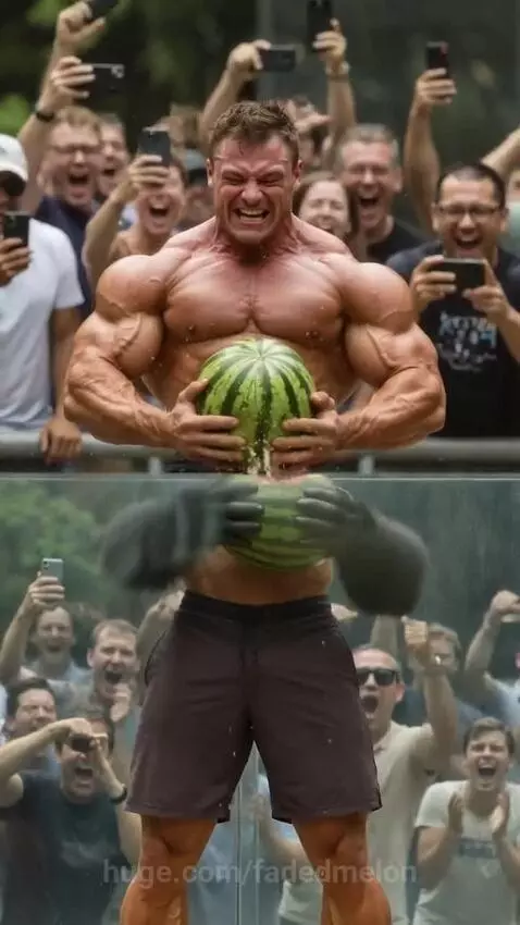 A gorilla powerfully crushing a watermelon, with a crowd cheering in the background.