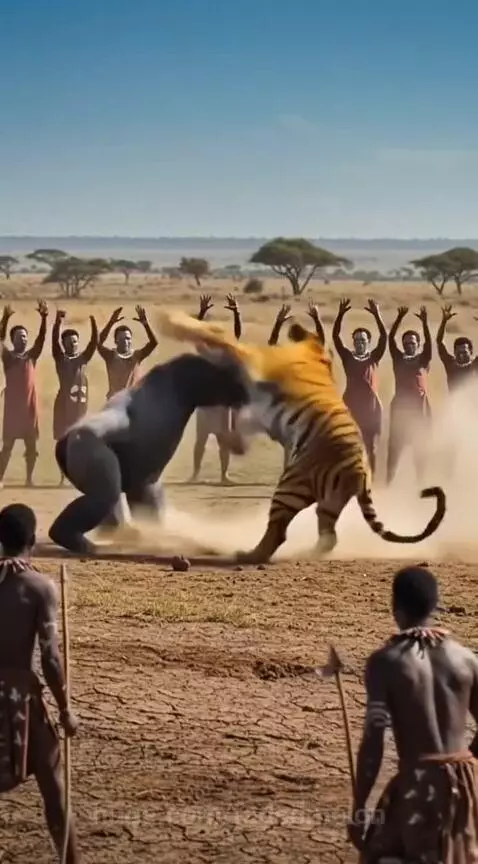 CGI animation of a gorilla and tiger fighting fiercely in a dusty savanna with spectators watching.