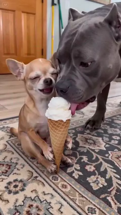 Tan chihuahua dramatically falls on its back holding an ice cream cone after a pitbull licks it.