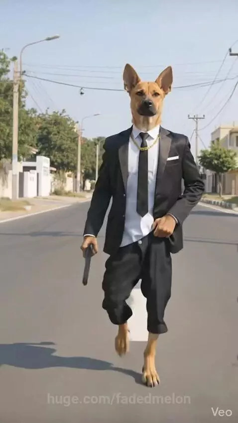 A dog's head superimposed on a human body wearing a suit, tie, and gold chain, holding a handgun.