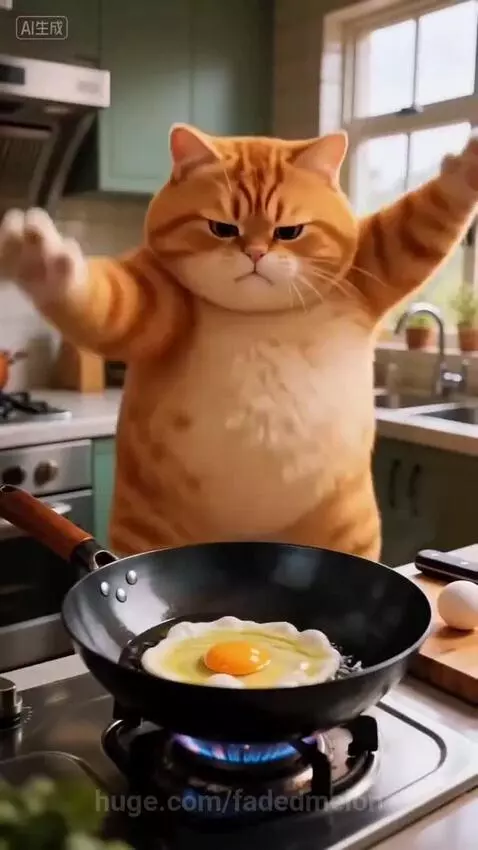 Animated orange tabby cat cracking an egg into a frying pan on a stove, preparing to cook.