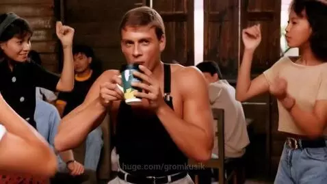 Character dances and sips from cup of coffee in his hand wit... by gromkusik