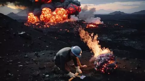 A glowing meteorite cracks open on a volcanic landscape, revealing a cavity filled with large, radiant amber crystals.