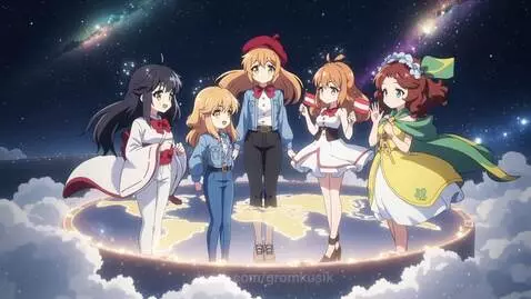 Five anime girls stand on a glowing world map with a starry, nebulae-filled sky behind them.
