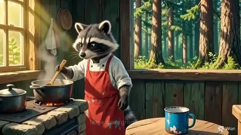 Animated raccoon chef in a chef's coat and apron stirring a pot of soup in a rustic kitchen with a forest view.