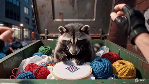 A raccoon sits in a green dumpster, focused on cross-stitching a red, white, and blue diamond pattern with colorful yarn.