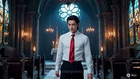 Man in white shirt and red tie pours pink liquid over his head in a gothic church with stained glass.