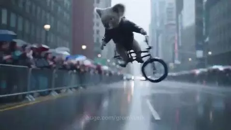 Animated koala in a jacket and shorts doing a bunny hop on a BMX bike on a wet, rainy city street.