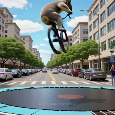 Animated koala performing bicycle stunts and flips on trampolines in a city street.