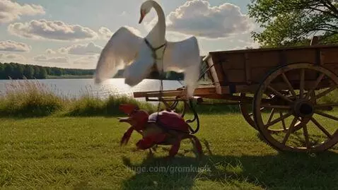 Swan, Pike, and Crab struggling to pull a cart on a grassy bank by a lake.