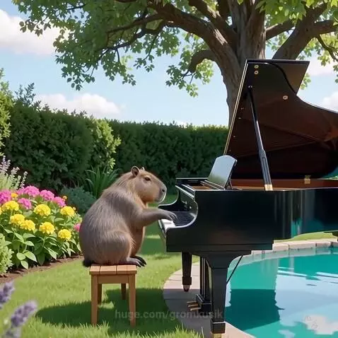 Animated capybara playing a grand piano in a lush garden with flowers and a swimming pool.