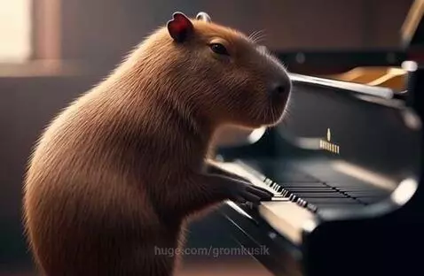 3D animated capybara with brown fur playing a grand piano with its front paws.