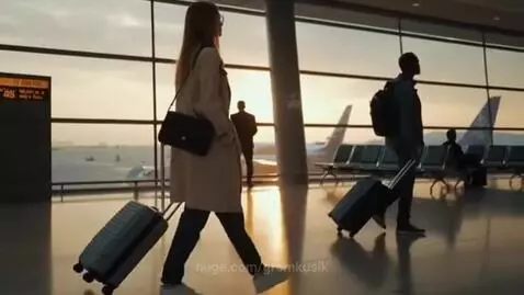 Sunlight streams through airport windows onto travelers with luggage, with planes visible on the tarmac.