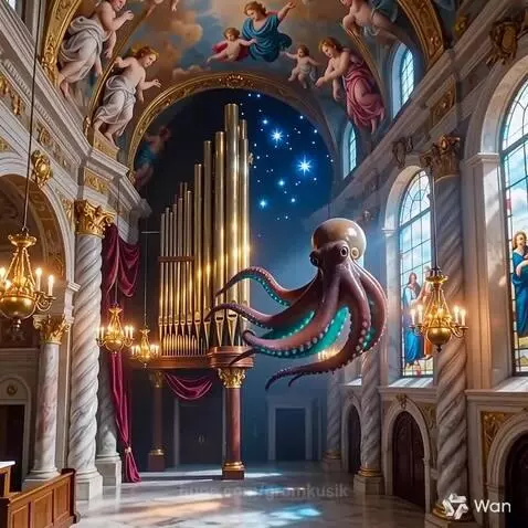 A glowing teal octopus floats in the center of a grand Baroque cathedral with golden chandeliers and a pipe organ.
