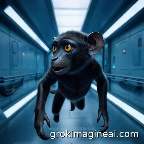 A small, dark-furred creature with large ears and glowing yellow eyes floats in a blue-lit spaceship corridor, looking distressed.
