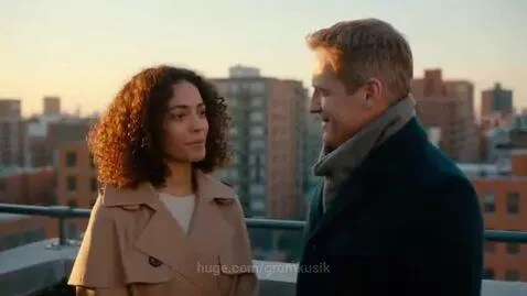 Couple on a rooftop overlooking a city skyline at sunrise or sunset, smiling at each other.