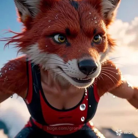 Muscular anthropomorphic fox surfing a large ocean wave, with a stylized shark nearby.