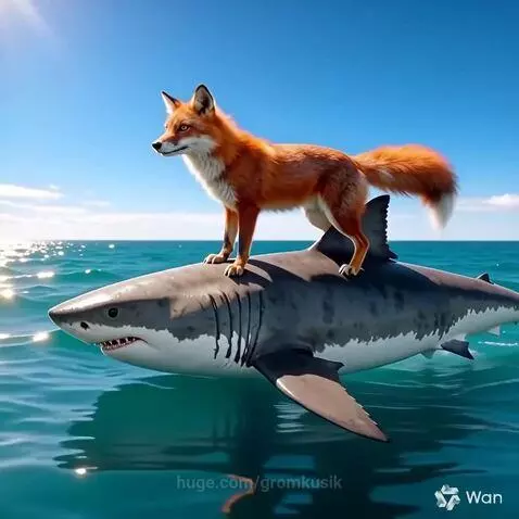 Computer-generated red fox standing on the back of a great white shark gliding through the ocean.