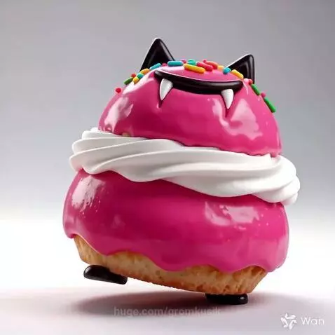 Animated pink cupcake creature with black cat ears, white fangs, and colorful sprinkles on its head, waddling.