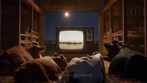 Five cows lying on hay in a dimly lit barn at dusk, intently watching an old CRT television showing a nature documentary.