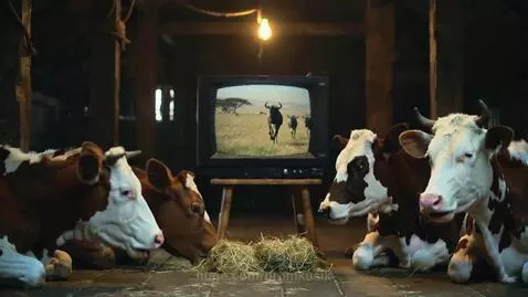 Four cows lying down in a dimly lit barn, attentively watching an old CRT television showing wildebeests.