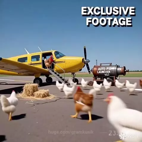 A chicken wearing a red bandana pilots a yellow plane as an auto-pie launcher is visible on the airfield.