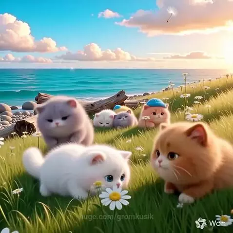 Animated fluffy kittens playing in a green field with daisies by a turquoise ocean at sunset.