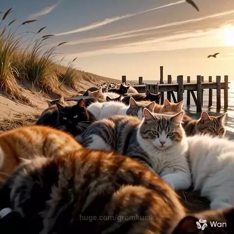 Many fluffy cats of various colors lounging on a sandy beach with a wooden pier and sunset over the ocean.