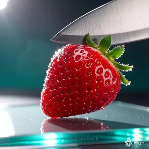 A strawberry sliced in half in slow motion, resting on a cracked glass plate with juice pooling.