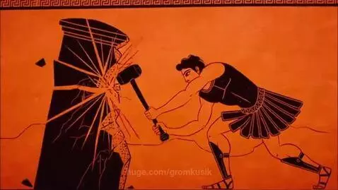 Animated scene of Hercules in ancient Greek art style, performing a feat with a sledgehammer.