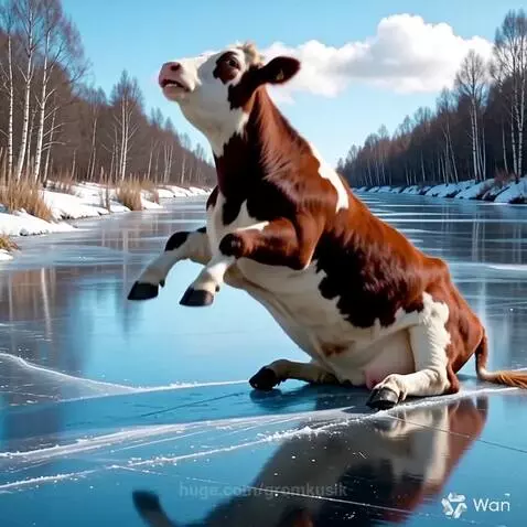 A brown and white cow slipping and falling on a clear ice surface with snow-covered banks and bare trees.