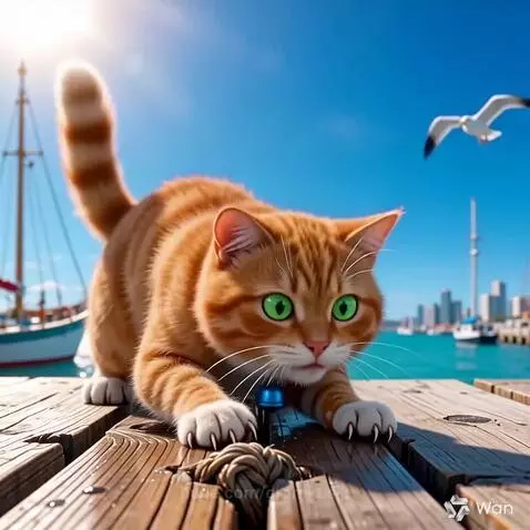 Animated orange tabby kitten with green eyes on a pier, falling into water after missing a fish.